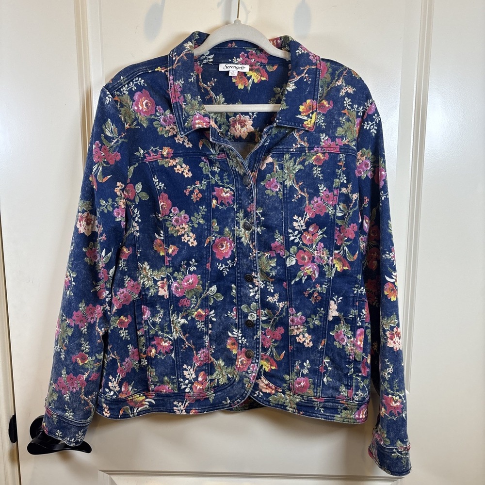 Serengeti Denim Floral Jacket Women's Size Medium Cottagecore Botanical